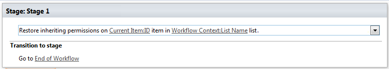 Workflow example configuring the Restore list item permissions inheritance activity with its input parameters