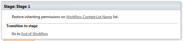 Workflow example configuring the Restore list permissions inheritance activity with its input parameters