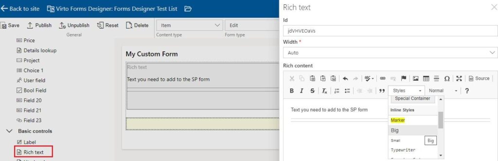 Rich Text control on a SharePoint form with formatting options for styling text and adding a link