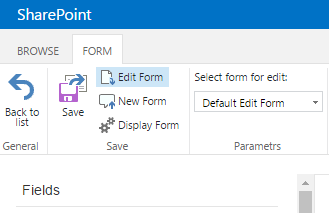 Save button on the Virto SharePoint Forms ribbon used to save settings and finish adjusting the form