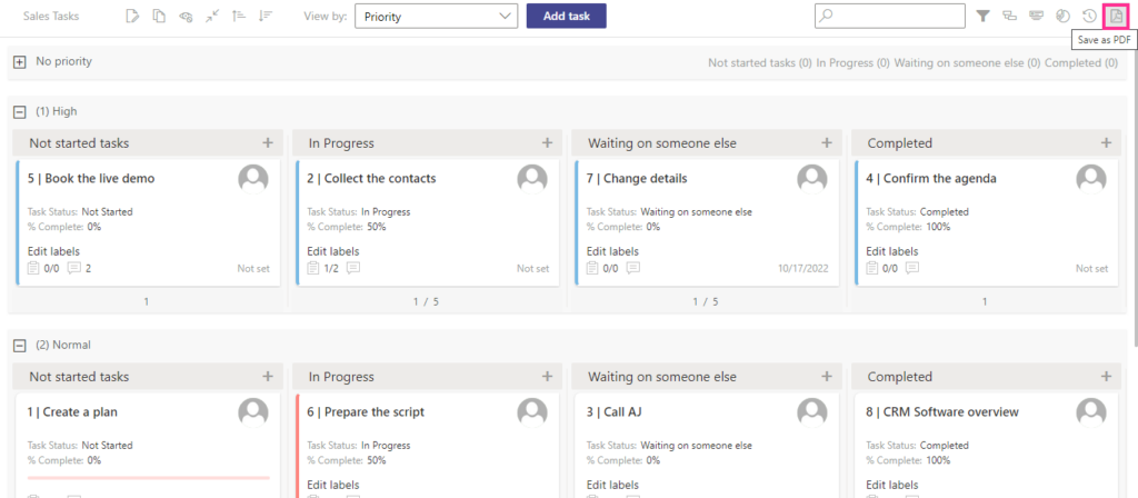 Save as PDF icon in the upper-right corner of the Virto Kanban Board with format options