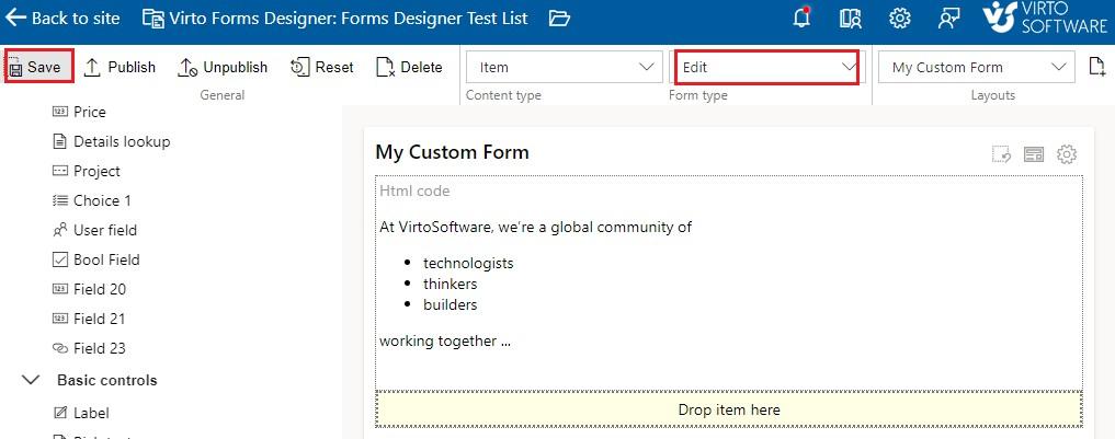 Choosing the Edit, New, or Display view and clicking save to apply the adjusted SharePoint form
