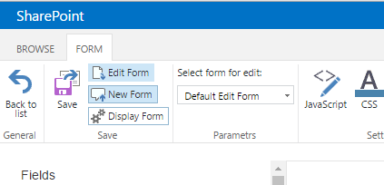 Selecting Edit, New, and Display form views to apply a saved Virto SharePoint form