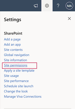 Opening Site permissions from the cog icon on the SharePoint page
