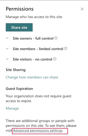 Selecting Advanced permissions settings on the SharePoint Site permissions page
