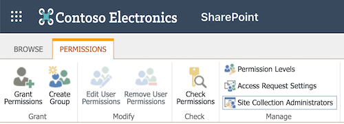 Site Collection Administrators option in the SharePoint permissions top menu