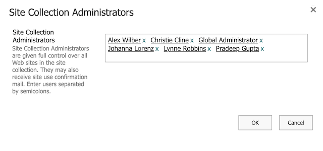 Editing the list of SharePoint site collection administrators