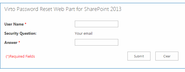 Virto Password Reset web part with a security question field for the user to answer before clicking Submit