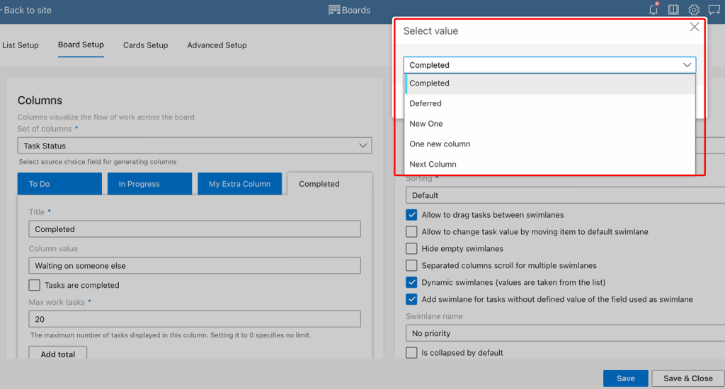 Insert left or right option selecting a new choice value to add as a Virto Kanban Board column