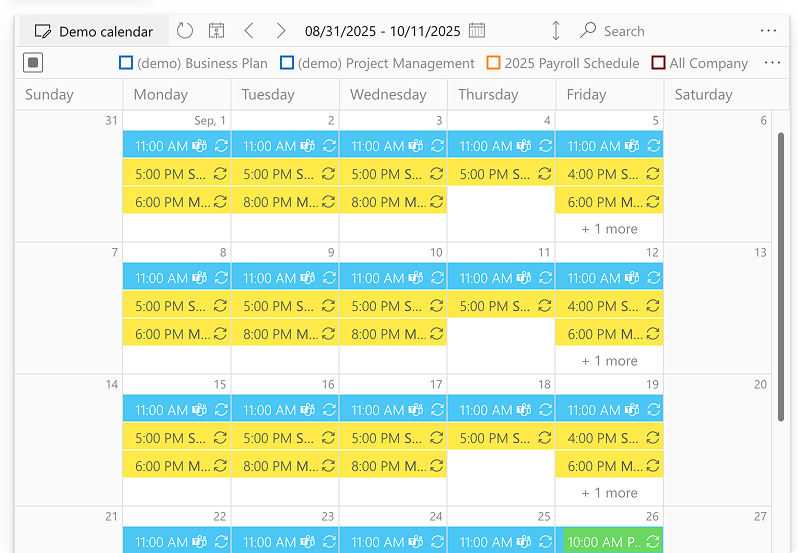 SharePoint site page showing only the chosen calendar with the calendar selector hidden