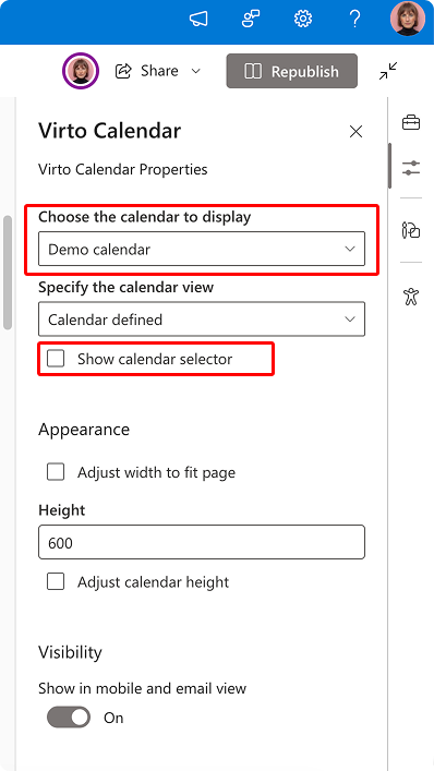 Web part settings choosing a default calendar with the Show calendar selector option unchecked
