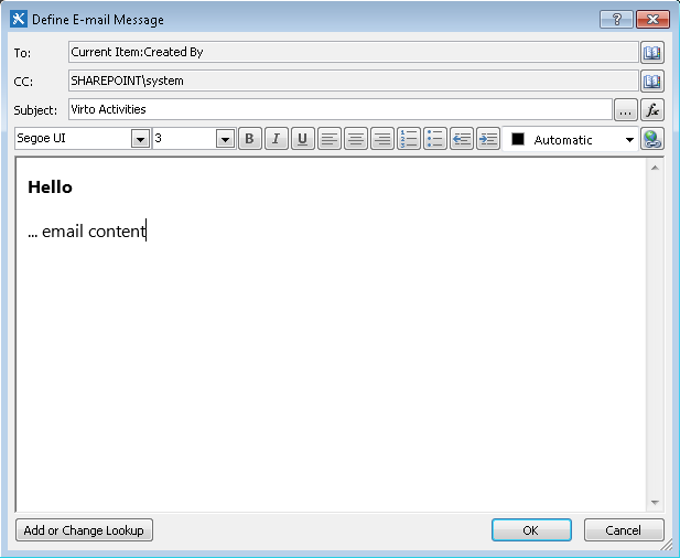 Input parameters of the Send email with attachments workflow activity