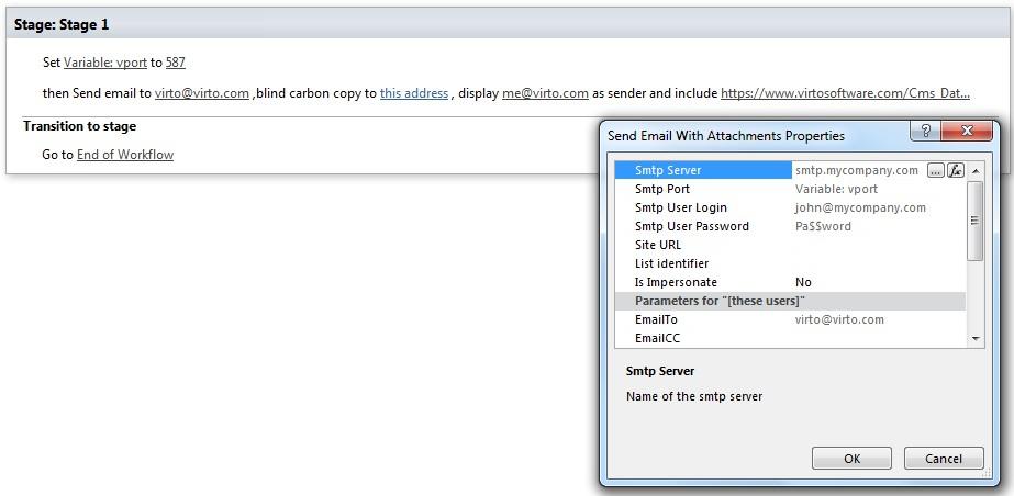 Example workflow configuring recipients, sender, SMTP settings and attachments for the Send email with attachments activity
