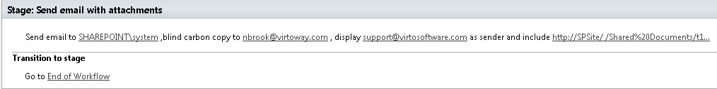 Example of the Send email with attachments activity configured with recipients, body and attachment paths