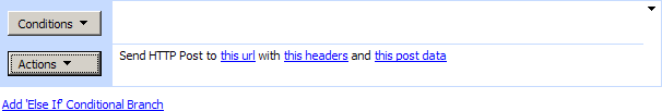 Send HTTP Post activity settings with URL, headers, and post data in the SharePoint Workflow Designer