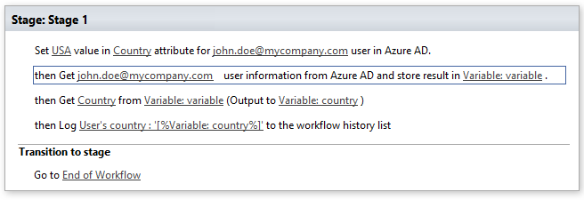 Example workflow setting the attribute value, name and target user for the Set Azure AD user attribute activity