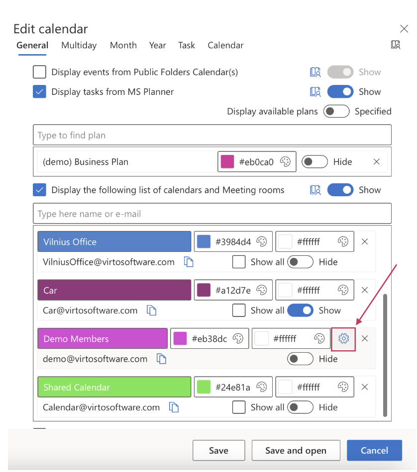 Exchange Settings in the Virto Calendar with the cog icon for setting Group Calendar permissions