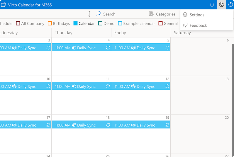 Opening Settings from the cog icon in the upper right corner of Virto Calendar App