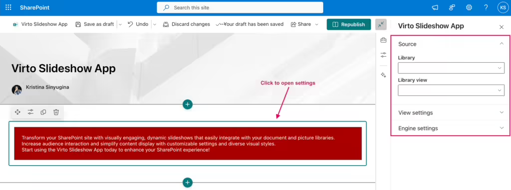 Virto Slideshow App settings panel open on the right side of a SharePoint page in edit mode