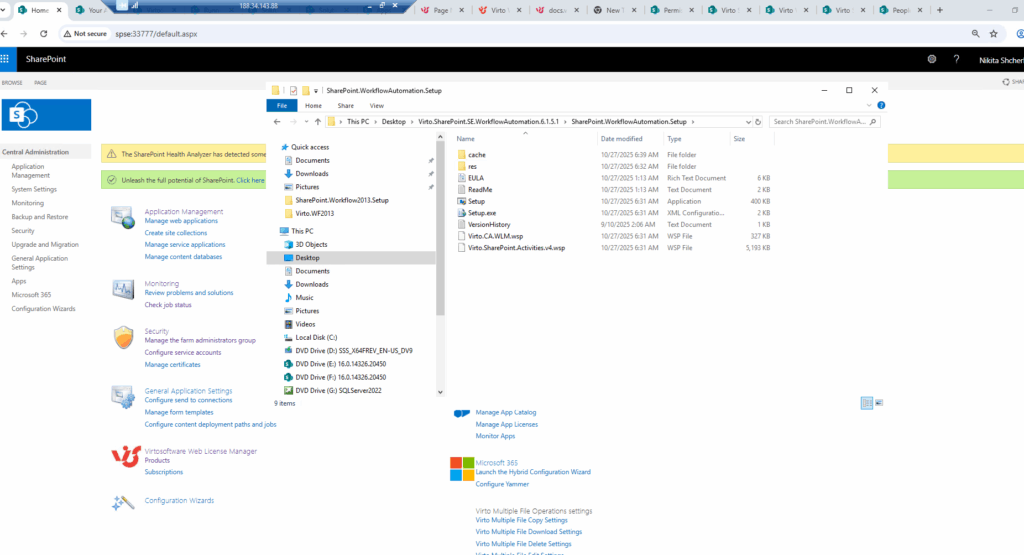 Workflow Automation folder with Setup.exe ready to launch the Virto installer
