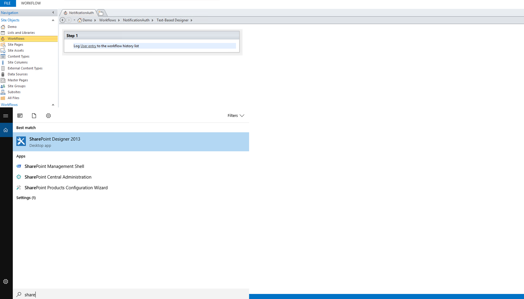 Microsoft SharePoint Designer connected to a SharePoint site