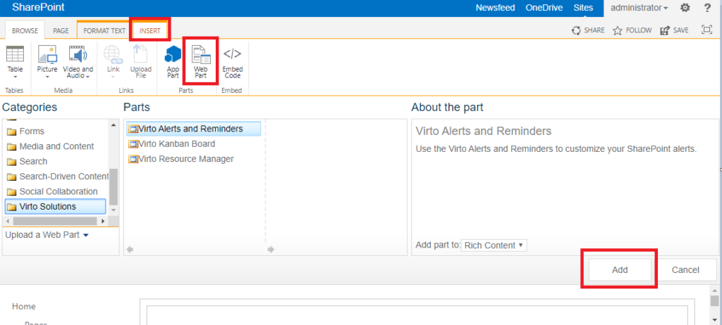 Virto SharePoint Alerts web part added to a site page with the Add Alert button