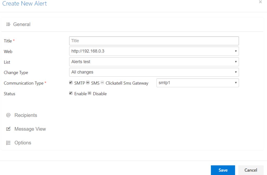 General tab with alert title, web, and SharePoint list selection in Virto SharePoint Alerts