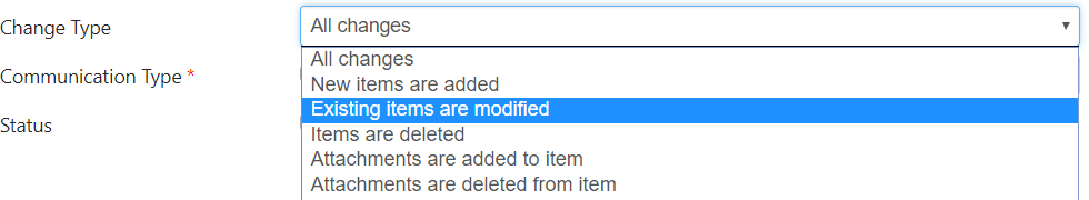 Dropdown of alert trigger actions such as new, modified, and deleted items in Virto SharePoint Alerts