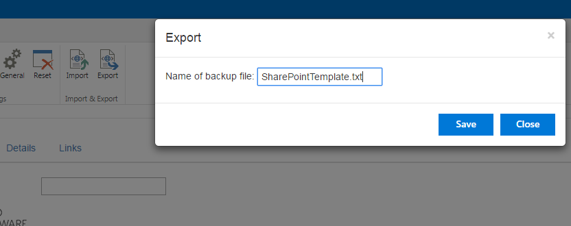 Export button on the ribbon for saving a Virto SharePoint form template in .txt format