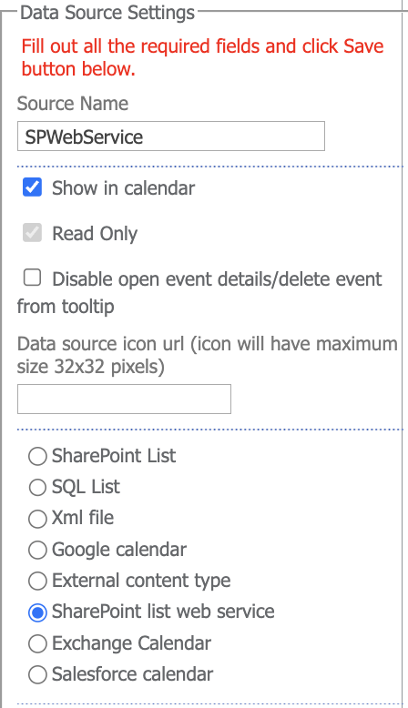 Selecting SharePoint List Web Service as a read-only data source type in Virto Calendar