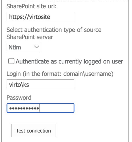 SharePoint List Web Service settings with site URL, authentication type, and login fields