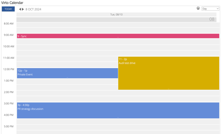 Virto Calendar Day view showing a single day's events in hourly time slots