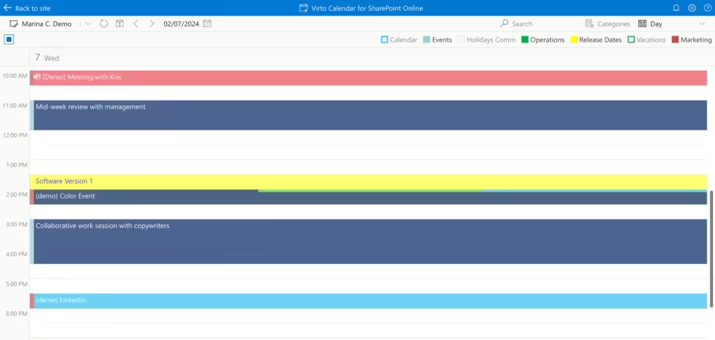 Day view in Virto Calendar App showing a single day's events on an hourly timeline