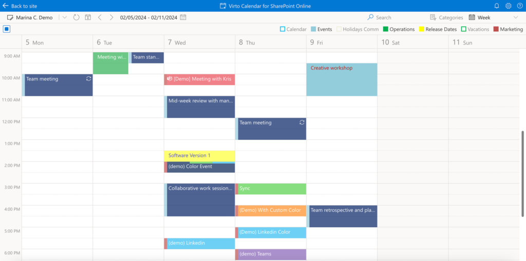 Week view in Virto Calendar App displaying all seven days side by side with their events