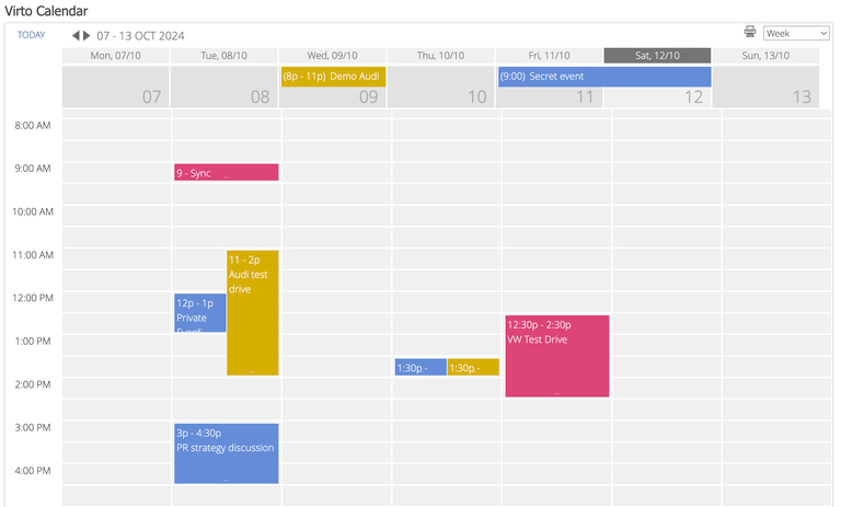 Virto Calendar Week view showing seven days of events across a weekly grid