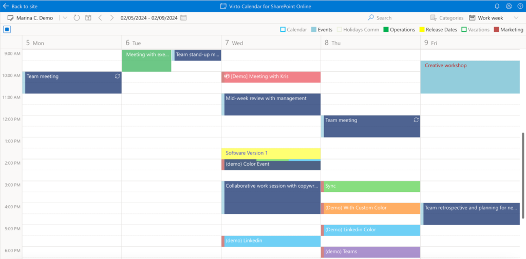 Work week view in Virto Calendar App showing only the working weekdays and their events
