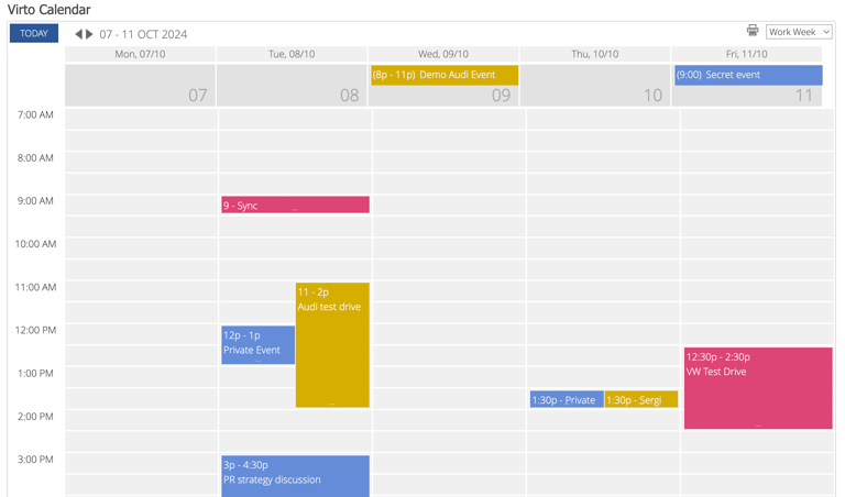 Virto Calendar Work Week view showing the working days of the week in a grid