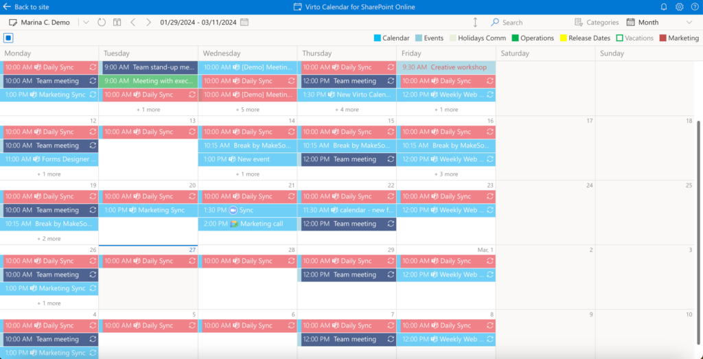 Month view in Virto Calendar App showing a full calendar month grid where events can be created and moved
