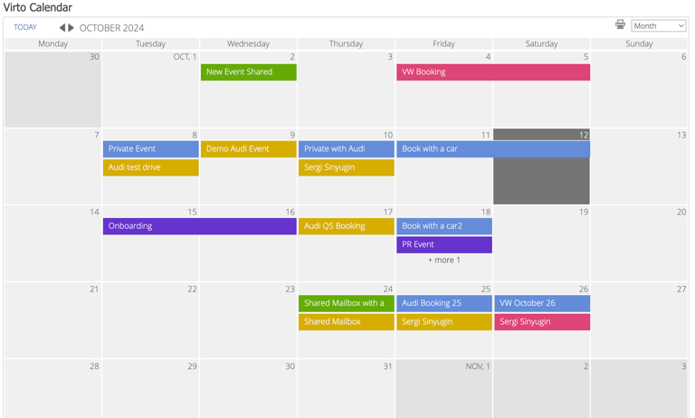 Virto Calendar Month view showing a full month of events in a calendar grid
