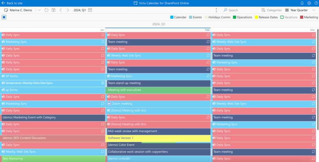 Year quarter view in Virto Calendar App showing three months of a quarter for viewing events