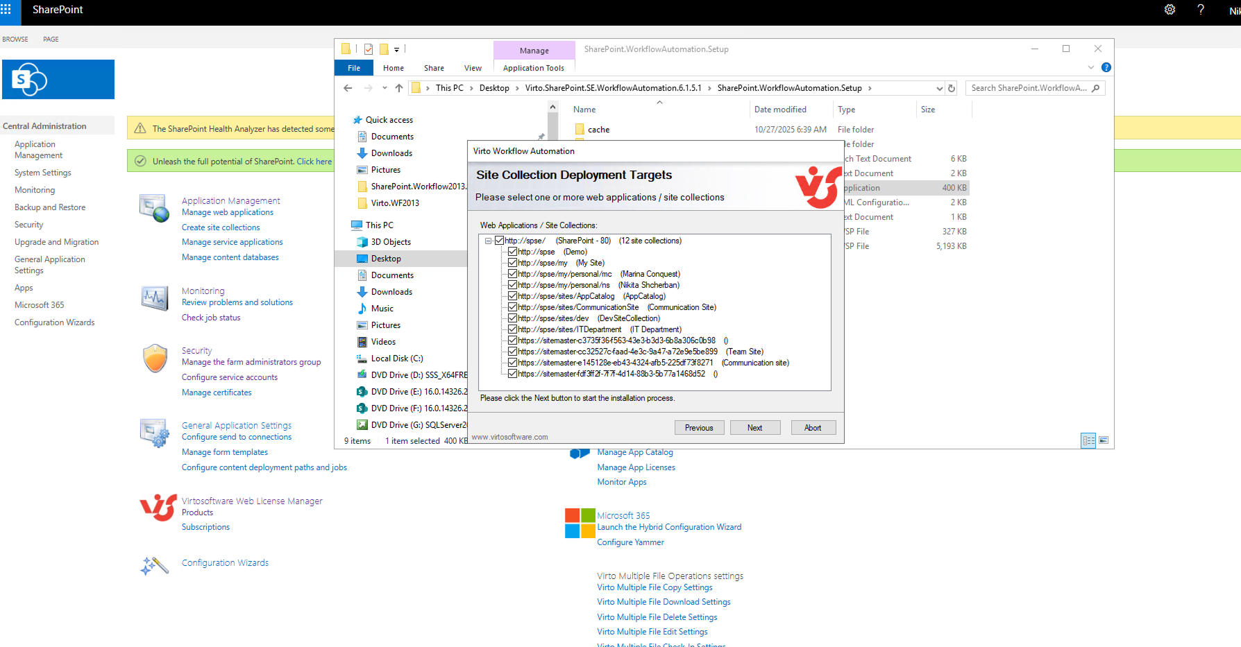 Setup wizard step for selecting the SharePoint web applications where Virto Workflow Automation will be installed