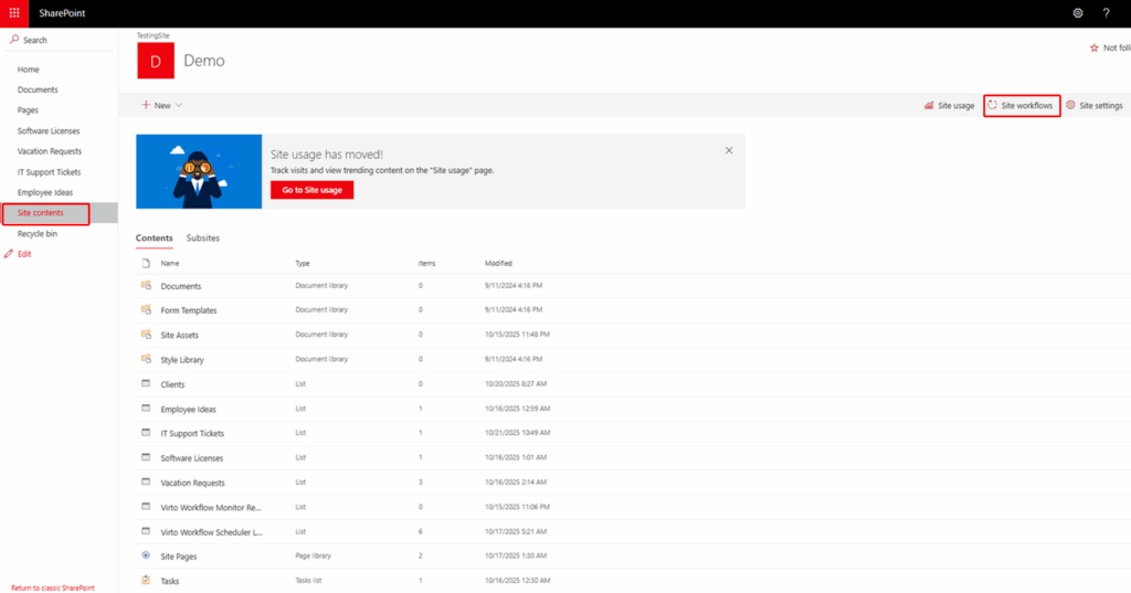 Navigating from Site contents to Site settings on the target SharePoint site to confirm active features