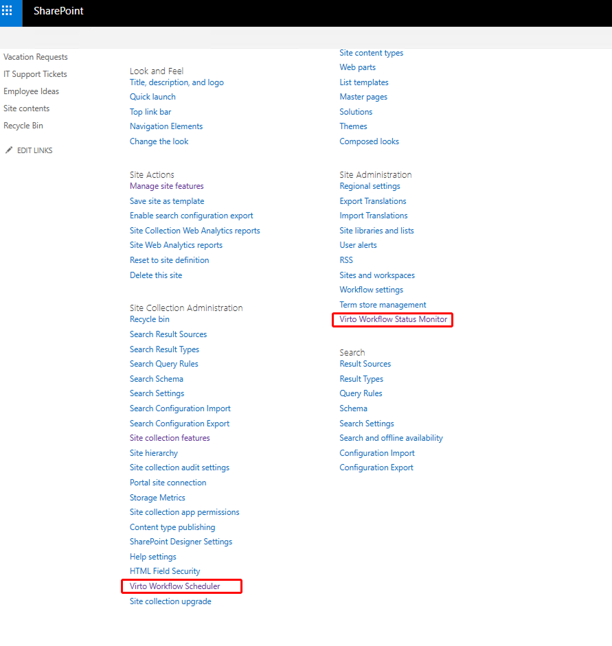 Site settings links to the Virto Workflow Status Monitor and Virto Workflow Scheduler apps