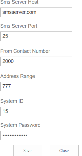 SMS communication settings with fields for server host, port, from contact number, address range, and system credentials