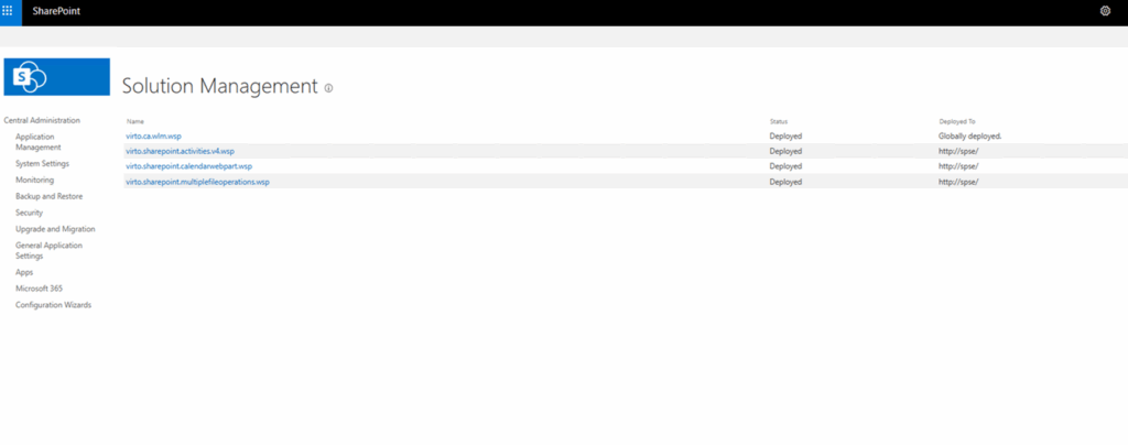Manage farm solutions page in System Settings showing the Virto solutions with a Deployed status