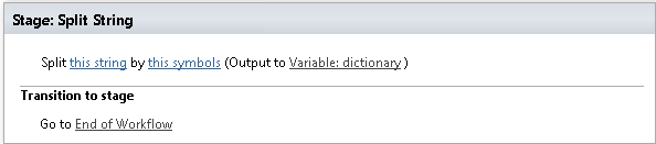 Split string activity that breaks a string into an array by a separator in Virto SharePoint workflows