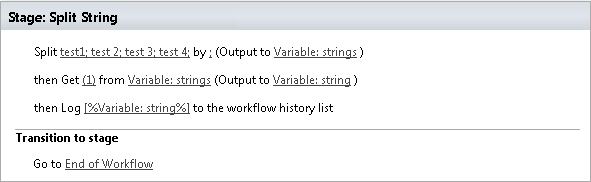 Example of the Split string activity configured with a source string and separator symbols in a Virto workflow