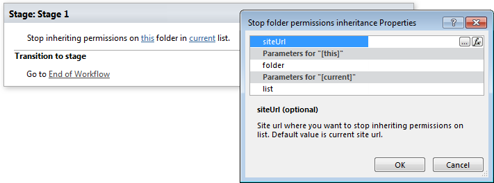 Stop folder permissions inheritance activity in the Virto SharePoint permissions workflow