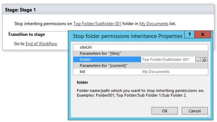 Example workflow stopping permission inheritance on a folder with the folder path set