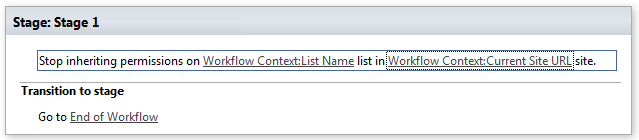 Configured example of the Stop Inheriting Permissions on List activity in a Virto SharePoint 2013 workflow